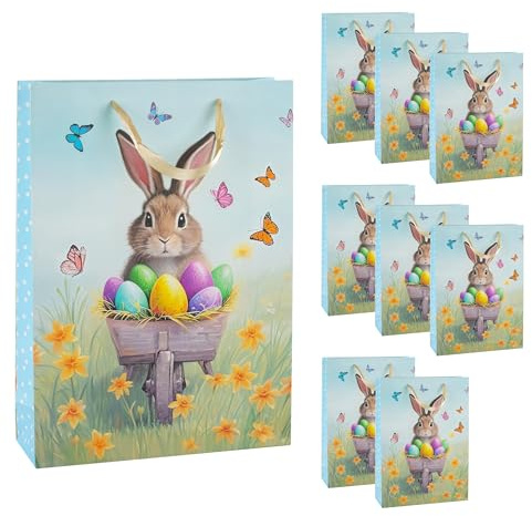 Idena 90529 - Geschenktüten Ostern, 10 Stück, Geschenktaschen in der Größe 25 x 34,5 x 8,5 cm, Papiertüten mit buntem Frühlings-Motiv und Hase