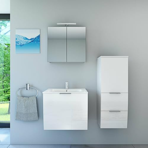 AcquaVapore by Sandra Jentho Badmöbel Set Gently 1 V2 R Weiß MDF Waschtisch 60cm mit 5W LED-Strahler/Energiebox