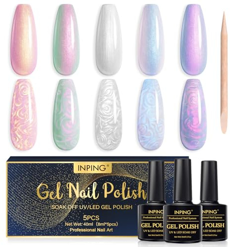 INPING Pearl Gel Nail Polish, Shell Pearl 5 Colors UV LED Nail Varnish 8ML | Spring Summer Fall Winter Polish for Women Nail Art Manicure Salon Easy To Apply Christmas Halloween