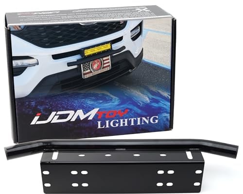 iJDMTOY Universal Fit Bull Bar Style Black Painted Stainless Steel Front Bumper License Plate Mount Bracket Holder Compatible With Off-Road Lights, LED Work Lamps, LED Lighting Bar