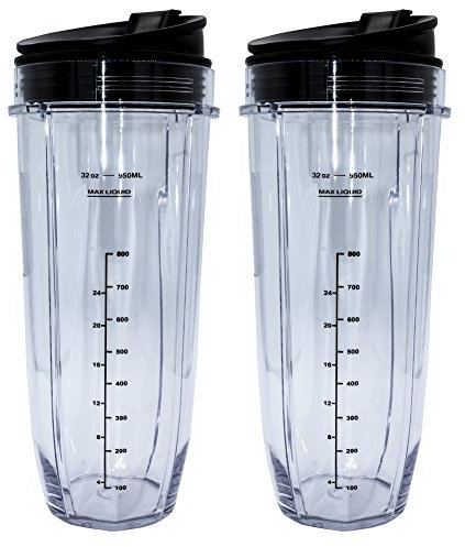 Blendin 32 Ounce Cup with Sip N Seal To Go Lids - Extra Large Replacement Jar Compaible with Nutri Ninja Auto-iQ 1000W and Duo Blenders - Premium Blender Cups Replacement (2 Pack)