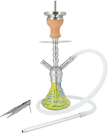 INVI® METON 300 Shisha | Die handliche 31cm Shisha Glas Rauchsäule 2X Schlauchadapter 1 Schlauchset Tonkopf Kaminaufsatz Kohlezange Bowl mit Design Farbverlauf! (Silber-Ocean Art)