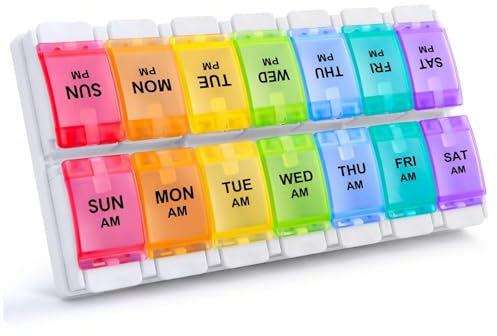 Sukuos AM PM Weekly Pill Organizer 2 Times A Day, Large Daily Pill Box Case 7 Day with Easy Push Button Design, Detachable Medicine Holder for Vitamin/Fish Oil/Supplements (Rainbow)