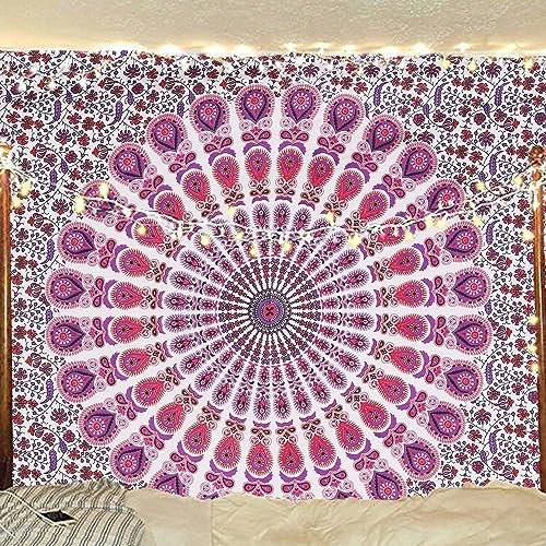 Bless International Handgefertigte indische Mandala-Wanddeko, Boho-Design, psychedelisch, Pfauen, Stranddecke, Tischdecke, Bettüberwurf, Tapisserie, Einzelbett-Größe (Twin), 140 x 185 cm, Rosa/Blau