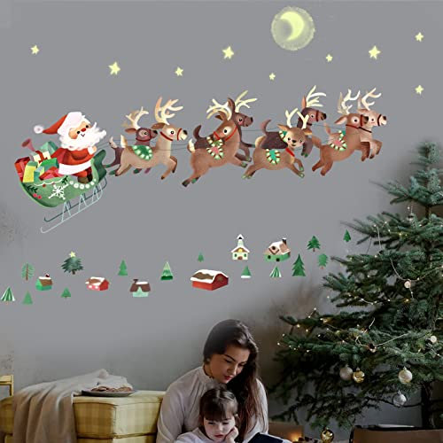decalmile Adesivo Murale Natale Babbo Natale e Renna Vetrofanie Bambini Adesivi da Parete Finestra Vetrina Festa Decorazione Natalizia