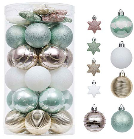 Valery Madelyn Weihnachtskugeln 35 Stücke 5CM Plastik Christbaumkugeln Weihnachtsdeko mit Stern Aufhänger Weihnachtsbaumschmuck Eleganter Palast Thema Mintgrün Rosa Gold