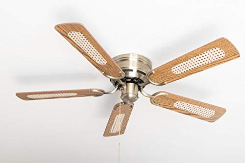 Pepeo - Kisa Deckenventilator ohne Beleuchtung | Ventilator mit Zugschalter in Antik-Messing mit Wendeflügeln in Eiche- und Walnuss-Holzoptik, Durchmesser 105 cm. (Farbe: Messing, Eiche/Walnuss)