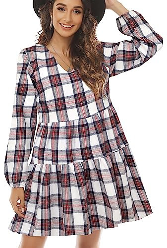FANCYINN Robe à Carreaux pour Femmes avec Cloche Manches Longues Mini Robe évasée à Volants avec Poches Rouge et Blanc L