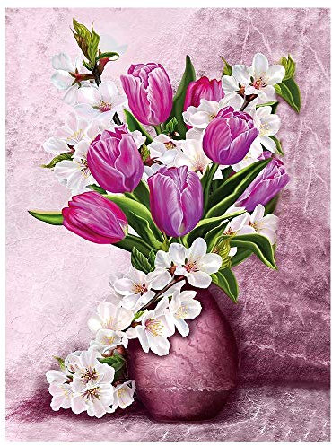 Ideen mit Herz 5D Diamond Painting | Diamant Painting Set | Motiv: 35 x 25 cm | Leinwand: 30 x 40 cm | runde Steinchen | inkl. Zubehör | Verschiedene Bilder zur Auswahl (Vase mit Tulpen)