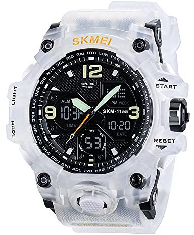 SKMIEI Herren Analog Sportuhr, LED Militär Armbanduhr Große Dual Dial Digital Outdoor Uhren Elektronische Fehlfunktion Zwei Zeitzonen Hintergrundbeleuchtung Wasserdicht Kalender Tag Datum, Weiß,