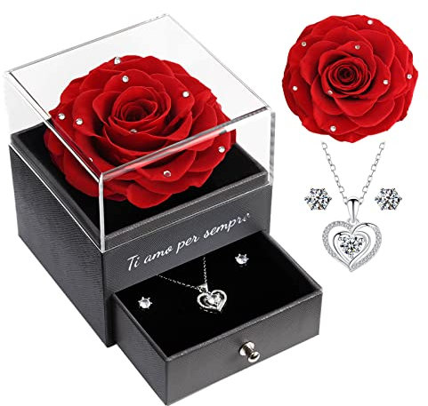 Yamonic Rosa Eterna Regalo Donna,Rosa Stabilizzata con Collana Argento 931 Donna, Idea Regalo per Lei,Ti Amo per Sempre,Regalo San Valentino per lei,Regalo Donna Natale Compleanno Anniversario