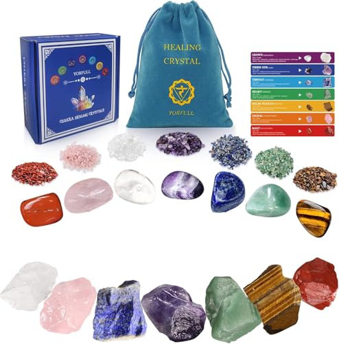 YORFULL Kristalle Heilsteine 7 Chakra Steine Set, 23 PCS Edelsteine Heilsteine, Edelsteine Mineralien Steine Trommelsteine für Yoga, Meditation Entspannung, Kristall-Schiefer mit Anweis