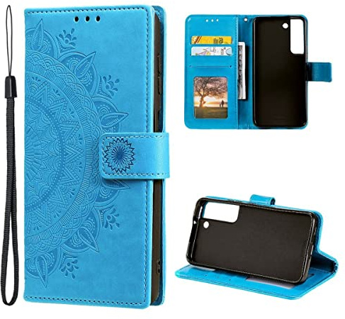 CoverKingz Handy Cover kompatibel mit Samsung Galaxy S22+ (Plus) Cover - Handyschutz mit Kartenfach Klapphülle - Bookcase Hülle aufklappbar Motiv Mandala Blau