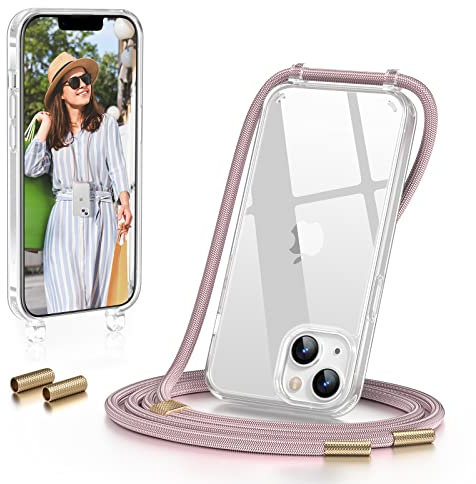 GOODVISH Handykette iPhone 14 Hülle Kompatibel mit iPhone 13 Hülle, Necklace Hülle mit Band Handyhülle für zum Umhängen, Transparent Case mit Kette, Kameraschutz und Bildschirmschutz, Roségold