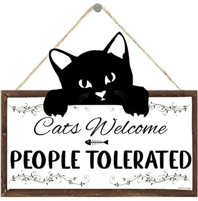 TOMATO FANQIE Cat Welcome Sign, Cats Welcome People Tolerated Kitty Kitten Footprint Wooden Plaque, 10 X 11 inches Funny Wooden Hanging Sign for Pet Shop Home Decor,Gift for Cat Lovers (US-G117)