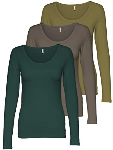 ONLY 3er Pack Damen Langarmshirt schwarz und weiß Langarm Basic Longsleeve Sommer aus 95% Baumwolle XS S M L XL 15209156 (3er Pack Farb Mix 8, S)