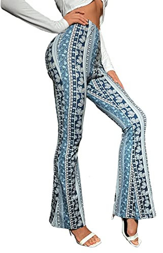 EVELUST Damen Boho Schlaghose – High Waist Retro Flared Pants Weite 70er Jahre Hippie Leggings Karneval Fasching Festival Rave Vintage Streetwear Yoga Hose(Navy, L, 1042w)