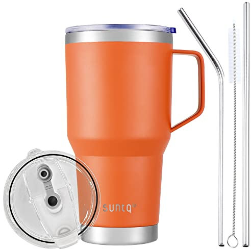 SUNTQ 30oz Tumbler with Handle - Reusable Travel Coffee Cup with Straw & Lid - Double Wall Vacuum Insulated Coffee Mug - Stainless Steel Thermal Cup for Hot and Cold Beverages(Orange)
