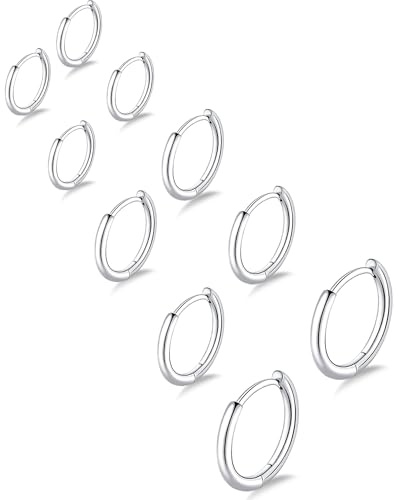 Gokeey 5 Pairs Small Silver Hoop Earrings Set, Cute Helix Huggie Earrings for Women Men, Hypoallergenic 316L Stainless Steel Tiny Cartilage Earrings Hoop Silver Hoop Earrings for Multiple Piercing Jewelry Gift 6mm 6mm 8mm 8mm 10mm