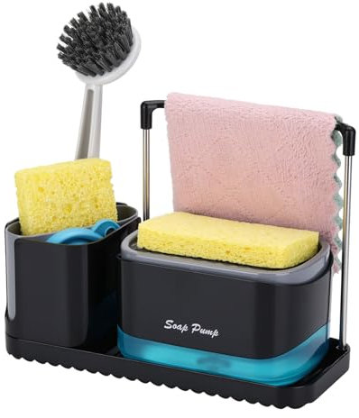 GINZER Soap Dispenser Kitchen Set, Cleaning Tool Organizer, Detergent Refillable, Washing Up Liquid Dispenser for Kitchen Equipped with Sponge, Sink Caddy, Kitchen Soap Dispenser and Sponge Holder