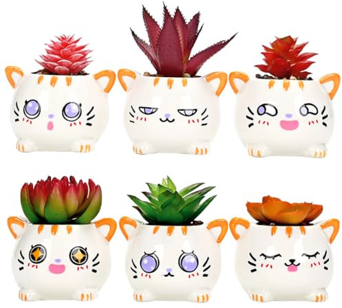 ROSE CREATE 6 Pcs 3.55 Mini Cat Ceramic Succulent Plant Cat Pots with Emoticons, Thumb Flower Memes Pots for Small Plants and Decorative Objects - Pack of 6