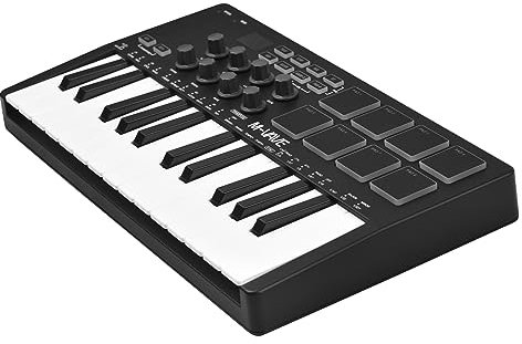 KOCAN Teclado de Control Midi de 25 Teclas Mini Teclado USB portátil Controlador Midi con 25 Teclas sensibles a la Velocidad 8 Almohadillas retroiluminadas RGB 8 perillas,Teclado de Control Midi