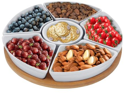 MoYouno Lazy Susan Ensemble de trempettes rotatives en céramique avec 6 plats amovibles,avec plateau en bambou, pour apéritif, fruits, légumes, bonbons Blanc 29 cm