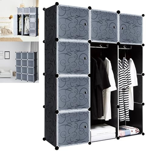 Suusolny DIY Garderobe Kleiderschrank Regalsystem Aufbewahrung Schrank Aufbewahrungssystem mit Türen aus PP Kunststoff Robust Langlebig - Schwarz, 12 Boxen mit Tür