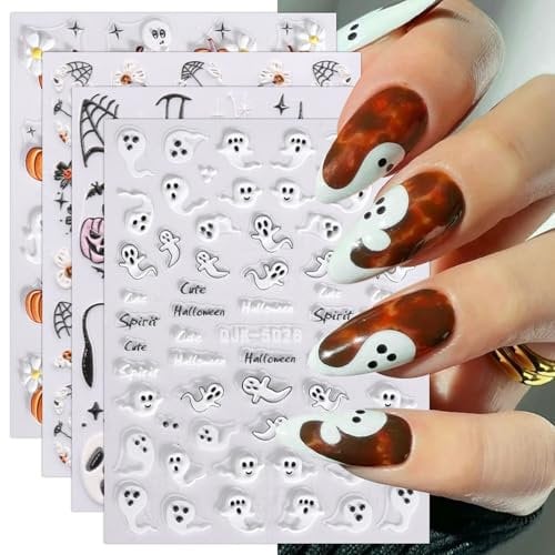 JMEOWIO 3D Embossed Halloween Nail Art Stickers Decals Self-Adhesive 5D Cute Ghost Pumpkin Star Nail Supplies Nail Art Design Decoration Accessories 4 Sheets