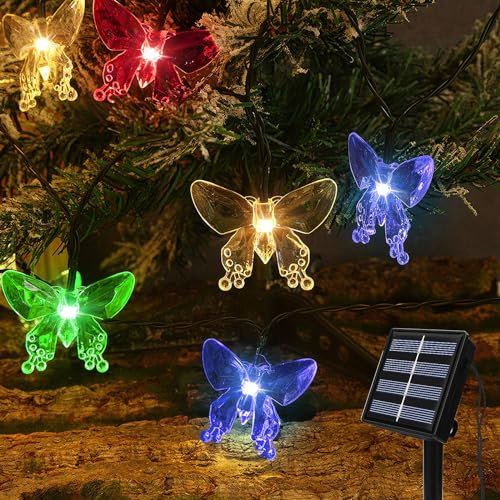 Qoosea Solar Lichterkette Aussen, 5M 20LED Schmetterling Lichterketten Wasserdichte, 8 Modi Solarlichterkette Außen für Garten, Balkon Deko, Bäume, Terrasse, Weihnachten, Hochzeiten, Partys