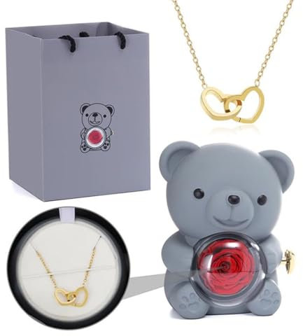 Ours en Rose Préservée avec Collier en Cœur - Cadeau Rose Éternelle pour Maman, Épouse, Petite Amie (Gris)