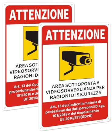 Acuxiaza 2 Pezzi Cartello Area Videosorvegliata 20x30 cm Targa Videosorveglianza Alluminio Segnaletica Area Videosorvegliata Riflettente, Impermeabile, Resistente UV, Interno ed Esterno