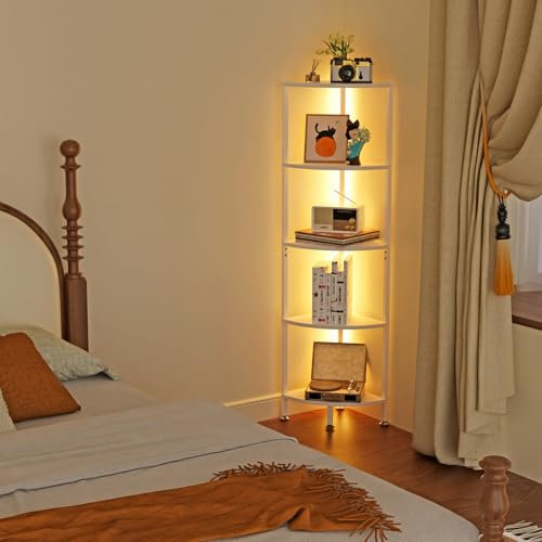 HaodaCulture Estanteria Esquina, Estantería de 5 Niveles con Luz LED, Estanteria Libros, Estantería de Almacenamiento, para Sala de Estar, Dormitorio, Oficina 43x30x140cm