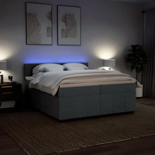 IKAYAA Boxspringbett 200 x 200 cm - Bett mit LED Beleuchtung, Federkern Matratze,Topper & Kopfteil - Polsterbett 200 x 200 cm mit Matratze - Bett mit Matratze und Lattenrost Dunkelgrau Type-1