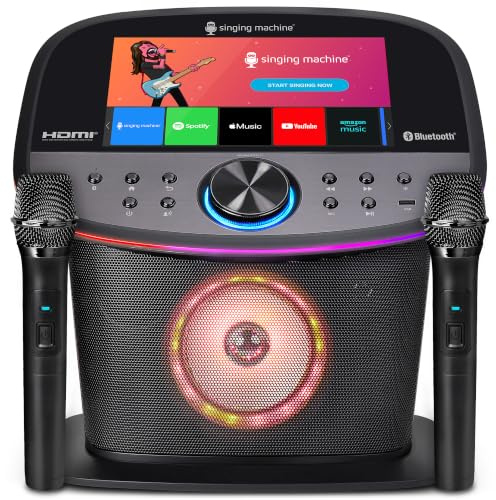 Singing Machine Platinum Plus Karaoke Premium con Pantalla – Sistema Todo en Uno – 2 micrófonos inalámbricos – Altavoz Bluetooth Wi-FI – Compatible con Youtube & Spotify – Aplicaciones integradas