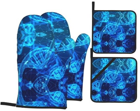 DNA-Ketten-Foto-Ofenhandschuhe mit Topflappen-Set, hitzebeständig, Ofenhandschuhe, Geschenk für Familie, 4 Stück