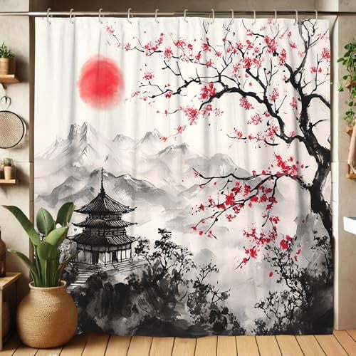 Rideau de douche à motif fleurs de cerisier, rideau de douche de style japonais, rideau de douche à motif floral rouge pêche pour décoration de salle de bain, rideau de douche moderne minimaliste en