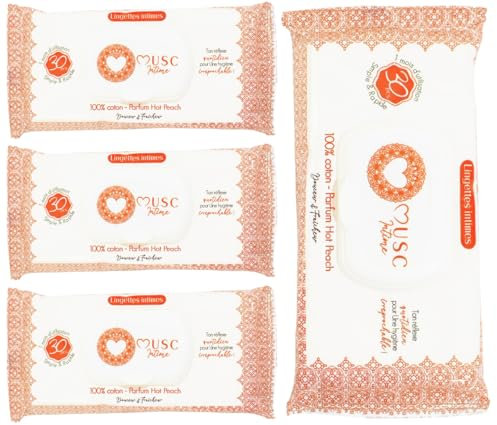 MUSC INTIME La Marque Officielle - Lot de 3+1 offert - Lingettes Intimes - Hot Peach - La Charmeuse - Douceur & Fraicheur - 98% Ingrédients Naturels - 4 x 30 unités
