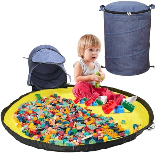 Exquilnova Aufbewahrungstasche für Spielzeug, Bausteine Aufbewahrung Tasche mit Spielmatte und Deckel Aufbewahrungsbox mit Spielteppich, Aufbewahrungskorb für Kinderzimmer, Kinder Geschenk (Blau)