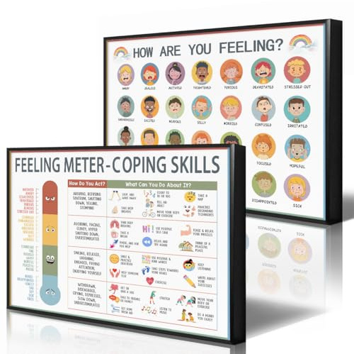 Anslipswar Set of 2 Feeling Chart Poster Canvas, Emotions Coping Skills Wall Art for Kids, Calm Down Corner Mental Health Art Print, School Counselor Psychologist Feeling Chart 40x60cm Unframed