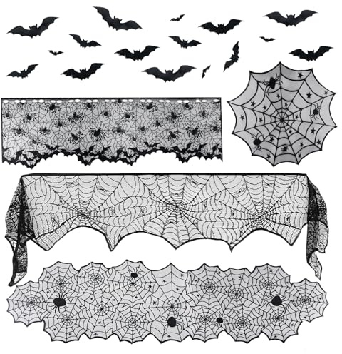 XIMEY Halloween Tischdecke, Tischdecke Spitze Schwarz, Halloween Tischdecke Spitze Deko, Schloss Horror Tischtuch, Tischdecke mit Spukhaus Dekoration Halloween Party-Dekoration (5 Artikel)