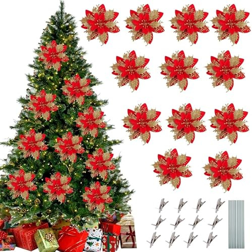 DAVBNM12 pcs Poinsettia Christmas Decorations, Xmas Tree Ornaments, Poinsettia Christmas Tree Decorations Flowers with Clips, for New Year Wedding Xmas Garland Wreath Home Party Decor (12, Red)
