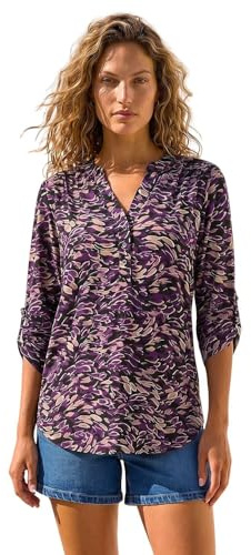 Roman Shirt for Women UK Ladies Top Collarless Blouse Stretchy Tunic Smart Casual Autumn Winter Jersey 3/4 Length Sleeve Notch V Neck Flattering Office Work - Size 16 - Abstract Purple