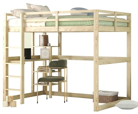 Azkoeesy Hochbett mit Schreibtisch,140 x 200 cm, stabiles Bettgestell aus 100% Kiefernholz, mit Lattenrost, mit Fallschutz und 4 Ablagen, Doppelbett für Jugendliche und Erwachsene (Natur)