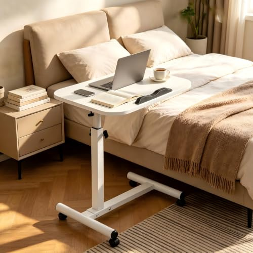 JoyCushy Adjustable Overbed Table with Wheels, 65-95 cm Height Rolling Computer Laptop with Tilting Desktop, Portable Bedside Hospital Bed Sofa Side Table Tray Standing Desk for Gaming Bedroom Office