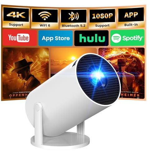 [App intégrée] Vidéoprojecteur 4K 1080P, Mini Projecteur Portable WiFi 6 BT 5.4, Projecteur Full HD 1080P Auto Correction Trapézoïdale Horizontale, Blanc