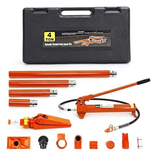 4/10/12 Ton Porta Power Hydraulic Ram Kit with Pump, 1.4m Oil Hose, Auto Body Frame Repair Car Jack Set, Portable Heavy Duty Tool with Storage Case for Garage Truck Farm