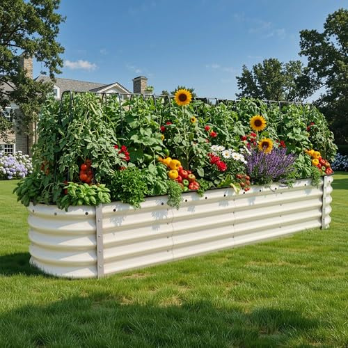 DWVO Outdoor Hochbeet Metall,240x61x43cm Hochbeete-Kit aus Verdicktem Zink-Aluminium-Magnesium-Edelstahl-Metall Hochbeete für Garten mit Sicherheitsgummi für Gemüse, Blumen und Früchte (Weiß)
