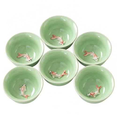 AZIDWERYQ Japanische Teetassen 6er-Set, Keramik-Teetassen mit geprägtem Koi-Fisch-Design, stabiler 3-Fuß-Sockel für Zuhause, Büro, Teestube, Seladon-Keramiktasse