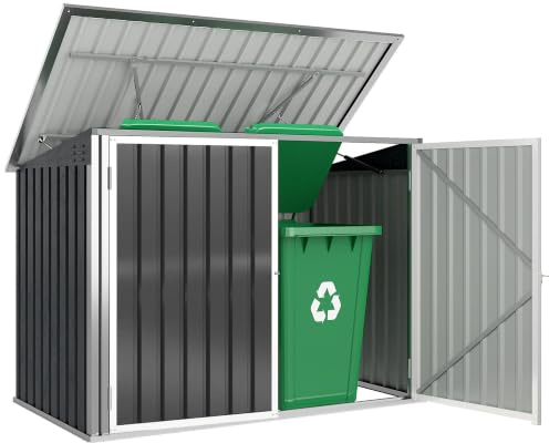 Outsunny Cache Poubelle Extérieur Double Abri Jardin 2 Poubelles 240L Gris | Acier Galvanisé, Couvercle Lié par Chaînes, Vérins à Gaz, Portes Verrouillables, Coffre de Jardin, 179,5x108x129,5cm